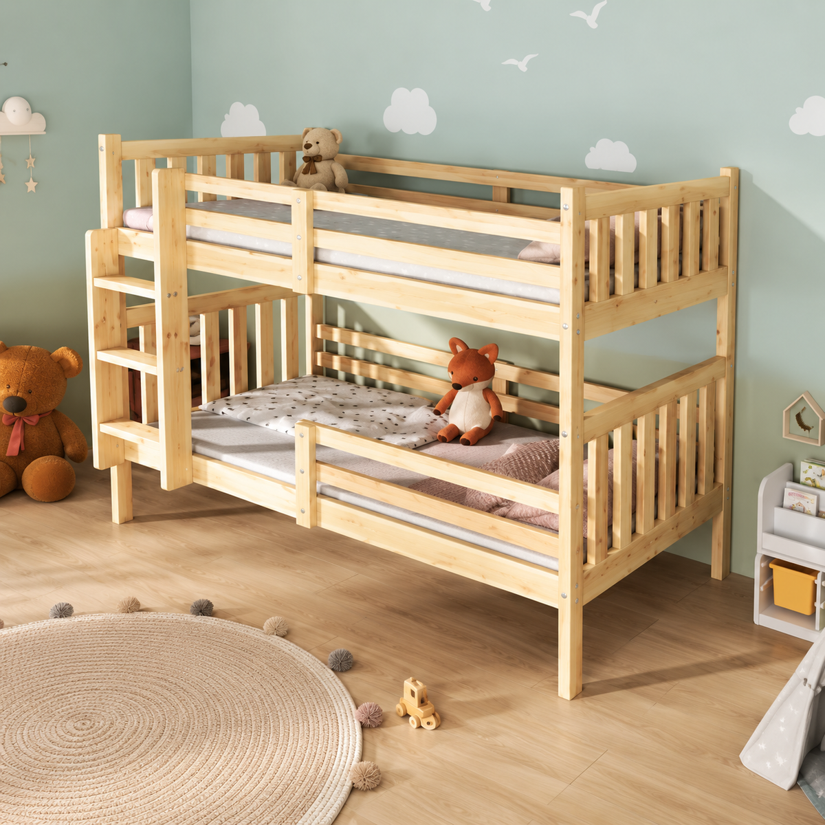 Lit Superposé Enfant en Bois 90x190 cm Convertible en 2 Lits Simples