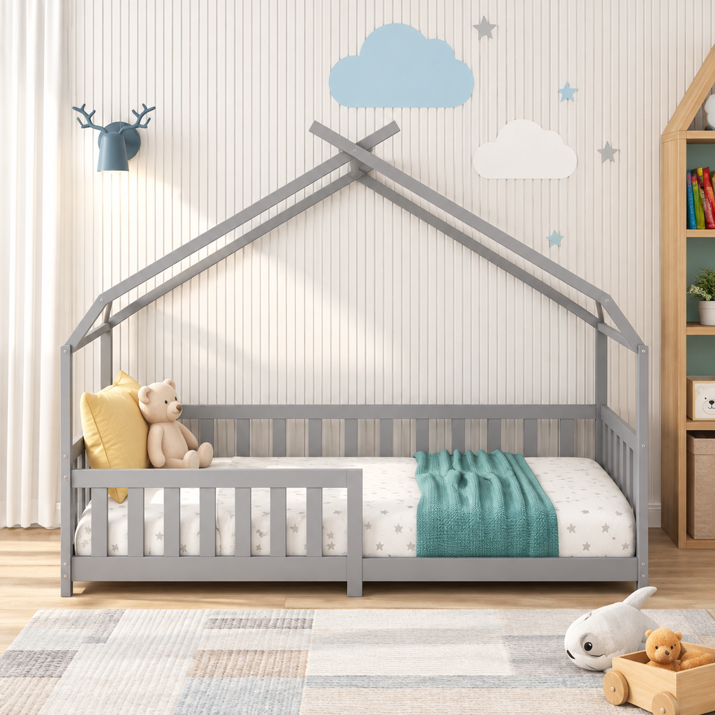 Lit Cabane Enfant Gris avec Barrières de Protection 90 x 200 cm