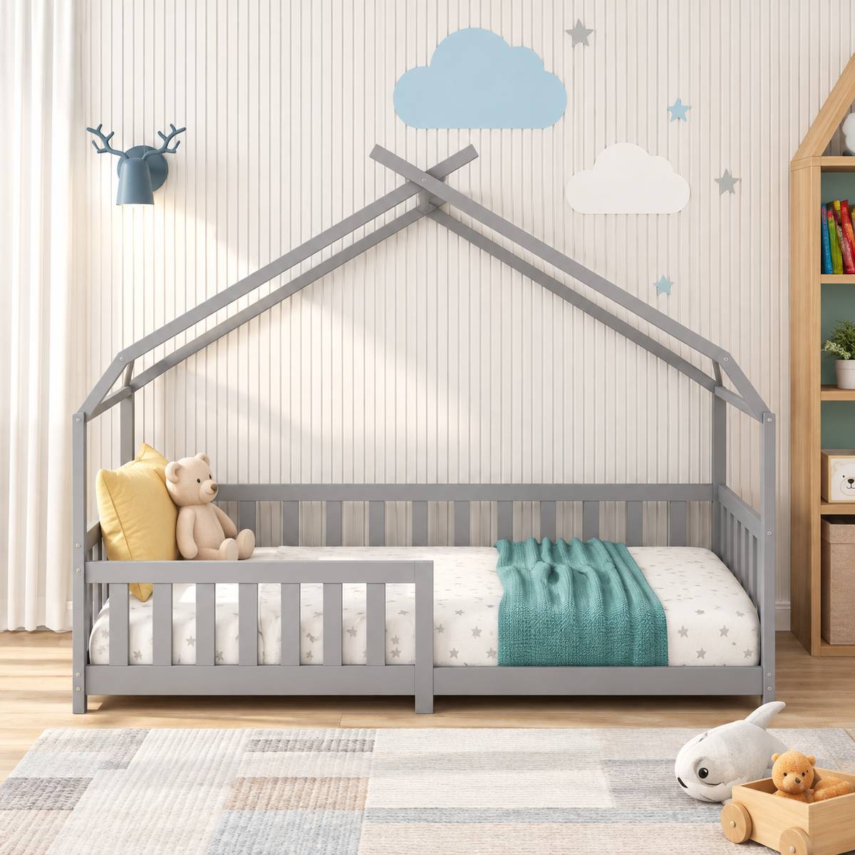 Lit Cabane Enfant Gris avec Barrières de Protection 90 x 200 cm