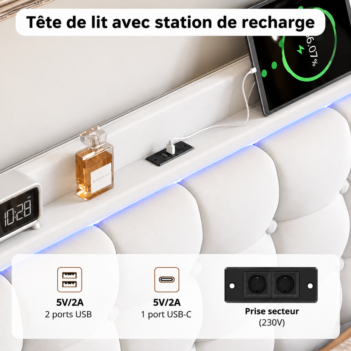 Lit Double Flottant Rembourré avec LED et Station de Recharge Intégrée