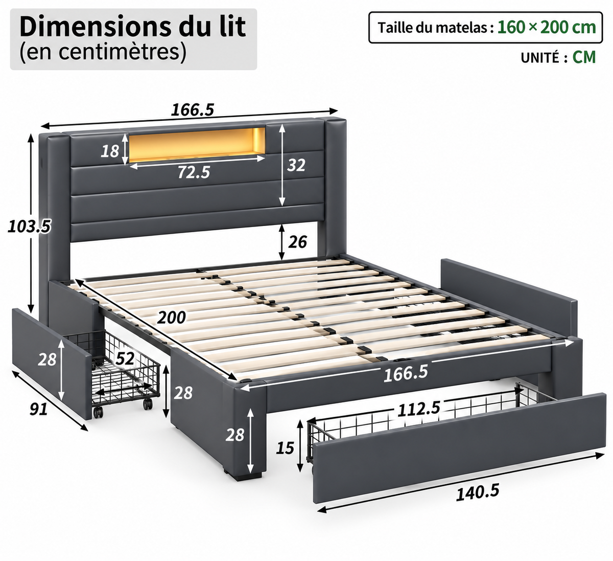 Lit Double Gris avec 3 Tiroirs et Rangements Intégrés