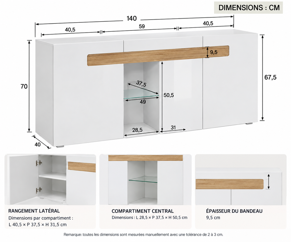 Buffet moderne blanc avec éclairage LED et finition effet bois