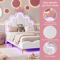Lit Princesse avec Tête de Lit Couronne et Éclairage LED 140x200 Blanc