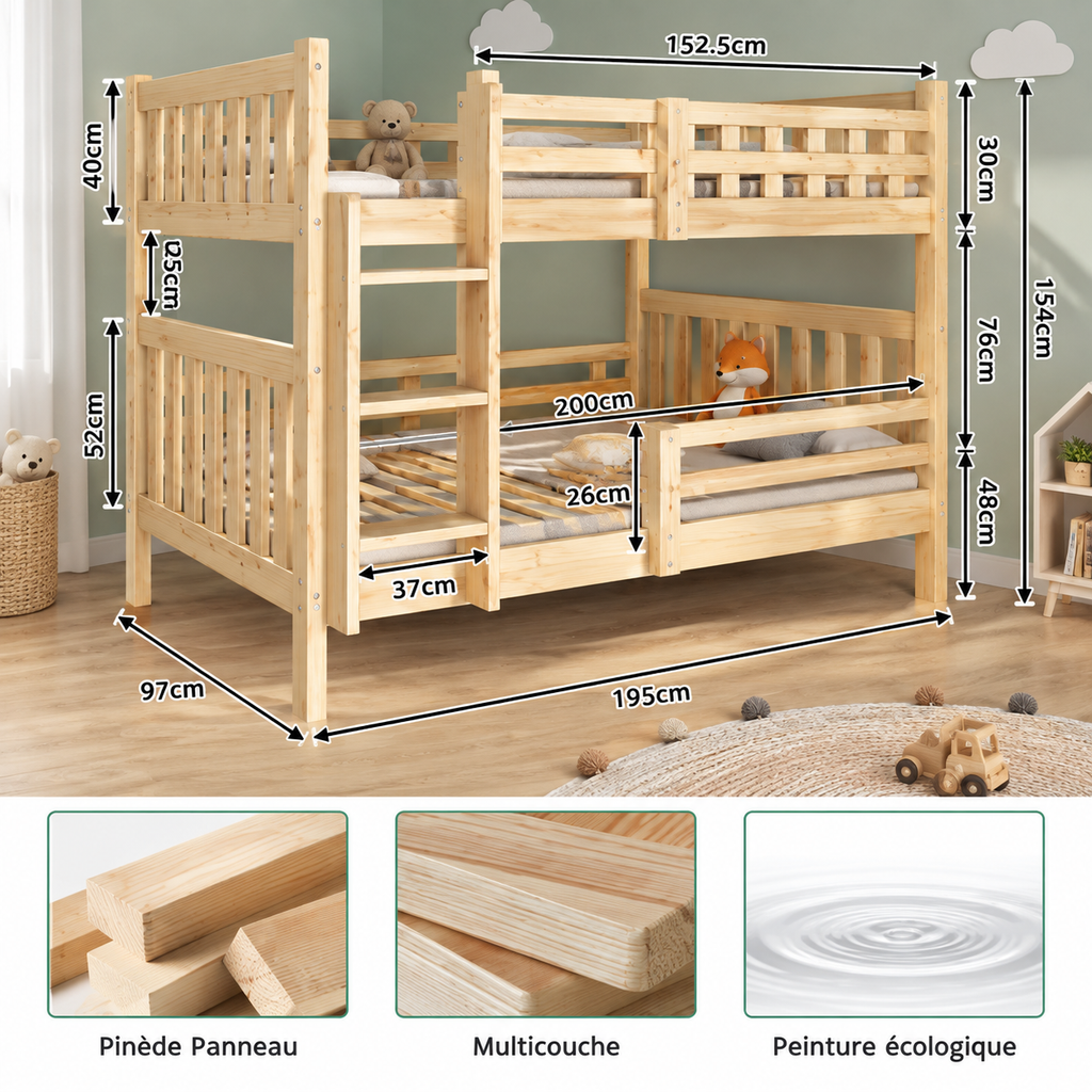 Lit Superposé Enfant en Bois 90x190 cm Convertible en 2 Lits Simples