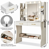 Coiffeuse avec miroir LED, rangements et support sèche-cheveux et tabouret