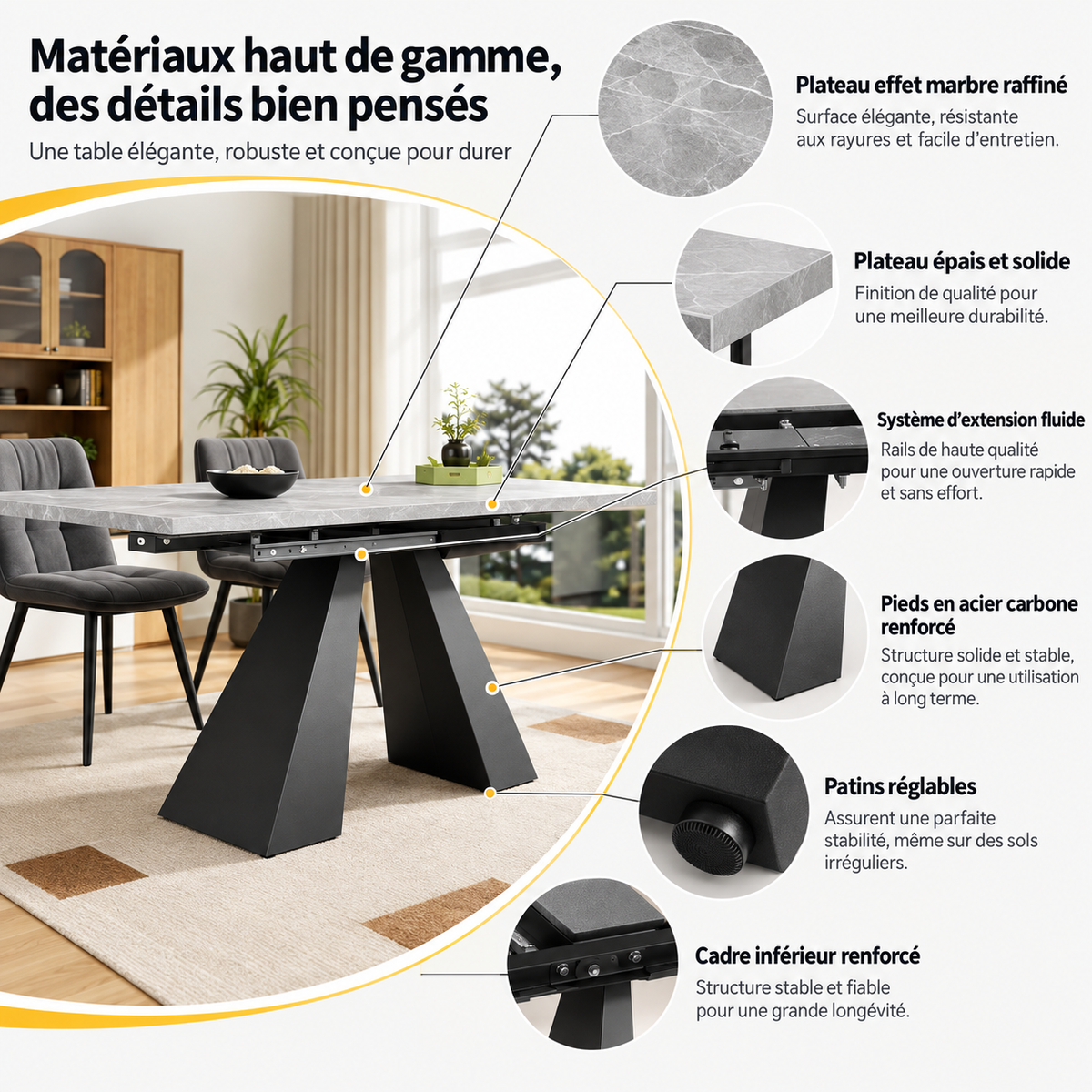 Table à manger extensible moderne effet marbre – 160 à 200 cm