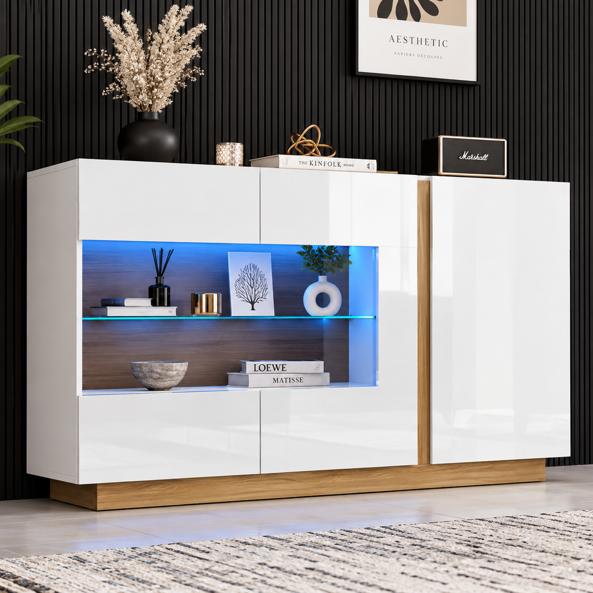 Buffet moderne blanc brillant avec LED – 138 cm
