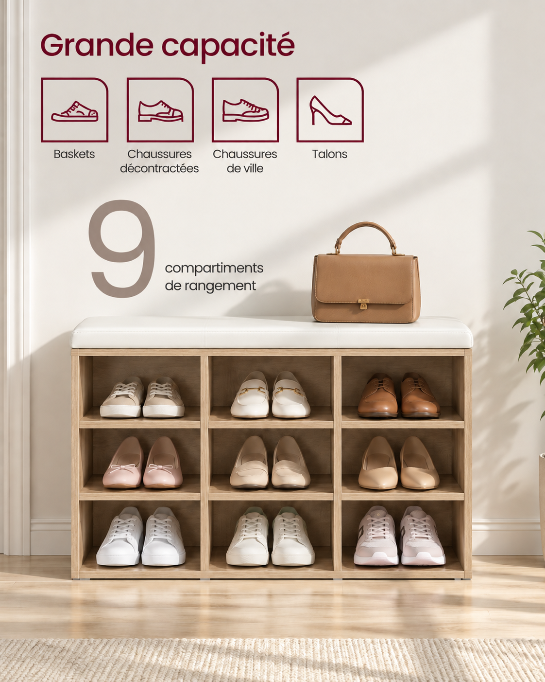 Banc à Chaussures avec Assise Rembourrée et 9 Compartiments