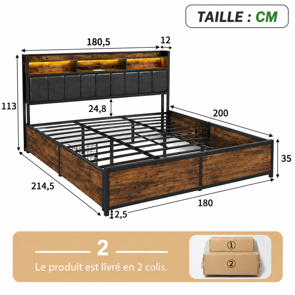 Lit double avec rangements, tête de lit LED et structure métal – Bois & Noir 180x200