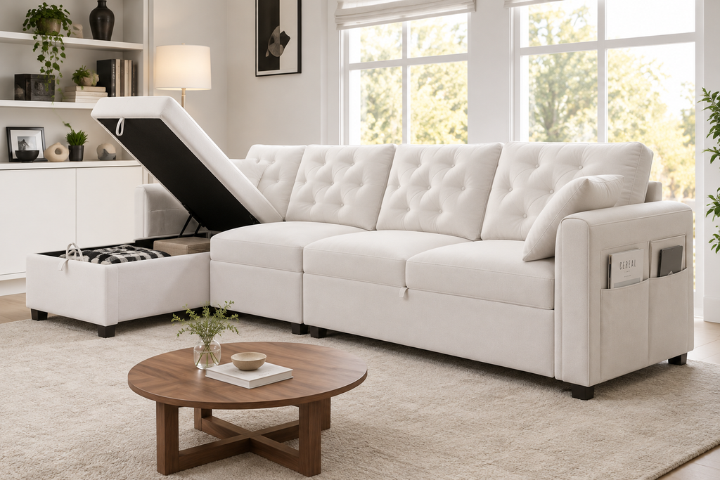 Canapé d’Angle en Velours Beige avec Méridienne et Coffre de Rangement 281 × 86 × 71  cm