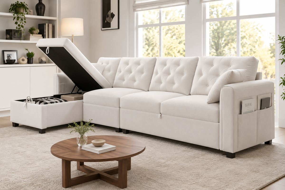 Canapé d’Angle en Velours Beige avec Méridienne et Coffre de Rangement 281 × 86 × 71  cm