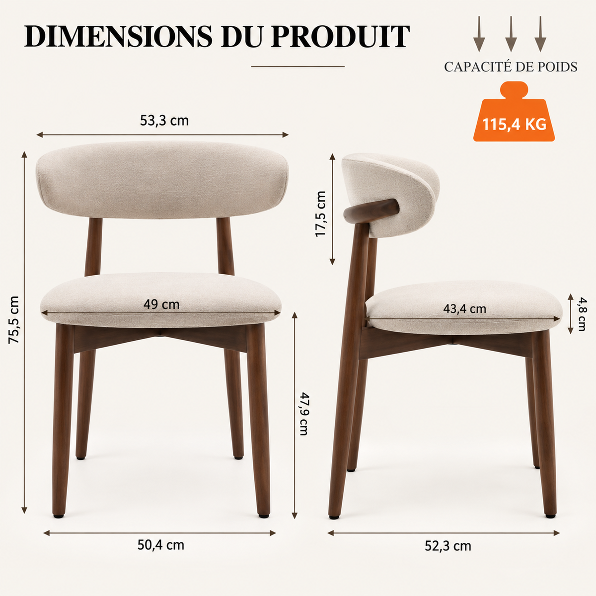 Lot de 2 chaises de salle à manger rembourrées beige – Pieds effet bois