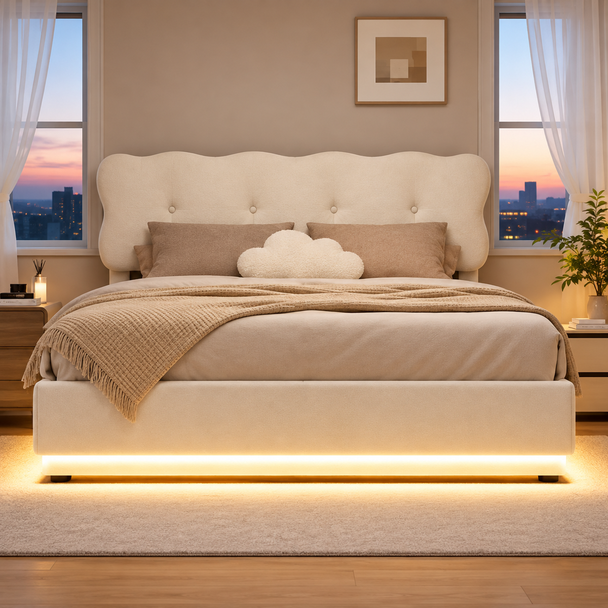 Lit coffre nuage rembourré avec rangement et éclairage LED RGB – Beige