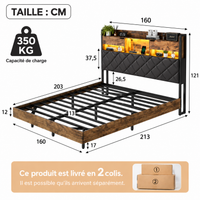 Lit Double 160x200 avec Tête de Lit Rangement et LED – Bois Brun & Noir