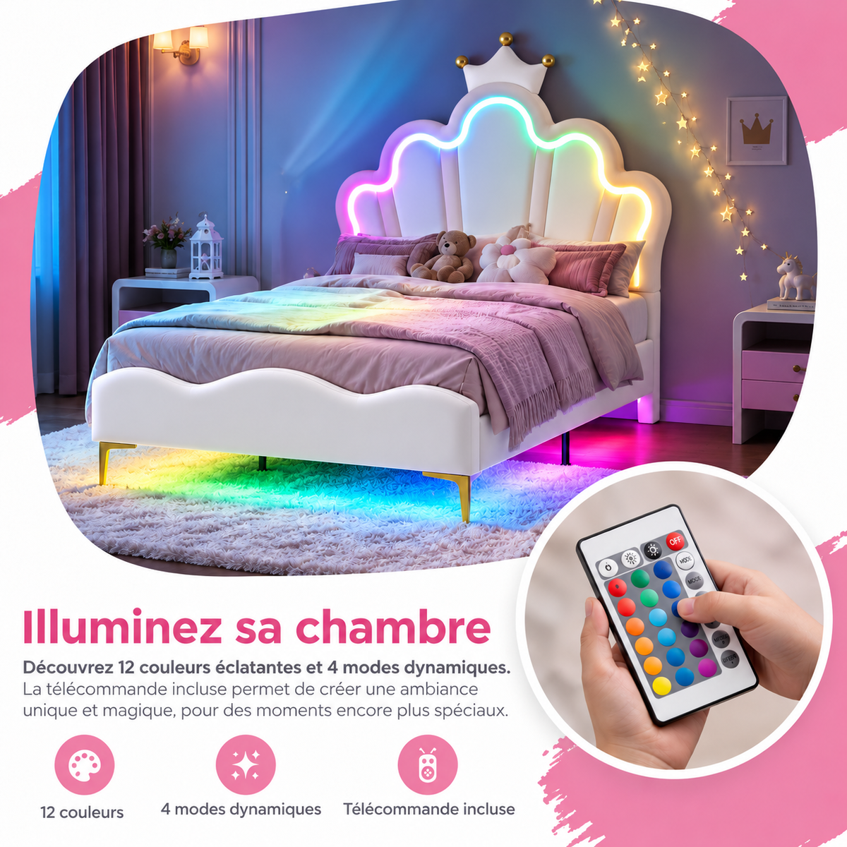 Lit Princesse avec Tête de Lit Couronne et Éclairage LED 140x200 Blanc