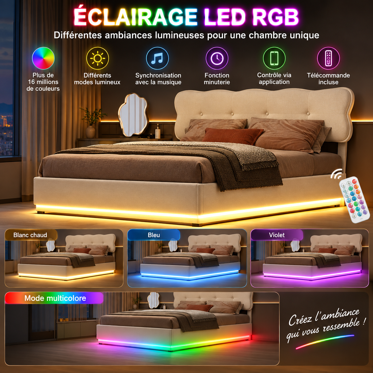 Lit coffre nuage rembourré avec rangement et éclairage LED RGB – Beige