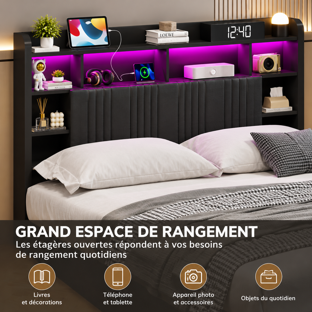 Lit coffre double en Lin avec LED RGB, rangements et ports USB – Noir 160x200