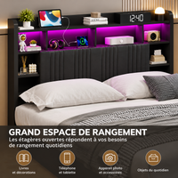Lit coffre double en Lin avec LED RGB, rangements et ports USB – Noir 160x200