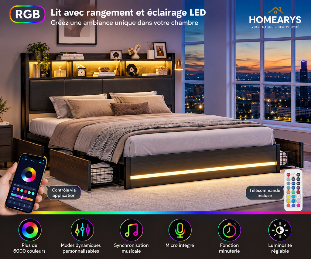 Lit double avec rangements, tête de lit multifonction et éclairage LED – Gris 160x200