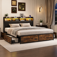 Lit double avec rangements, tête de lit LED et structure métal – Bois & Noir 180x200