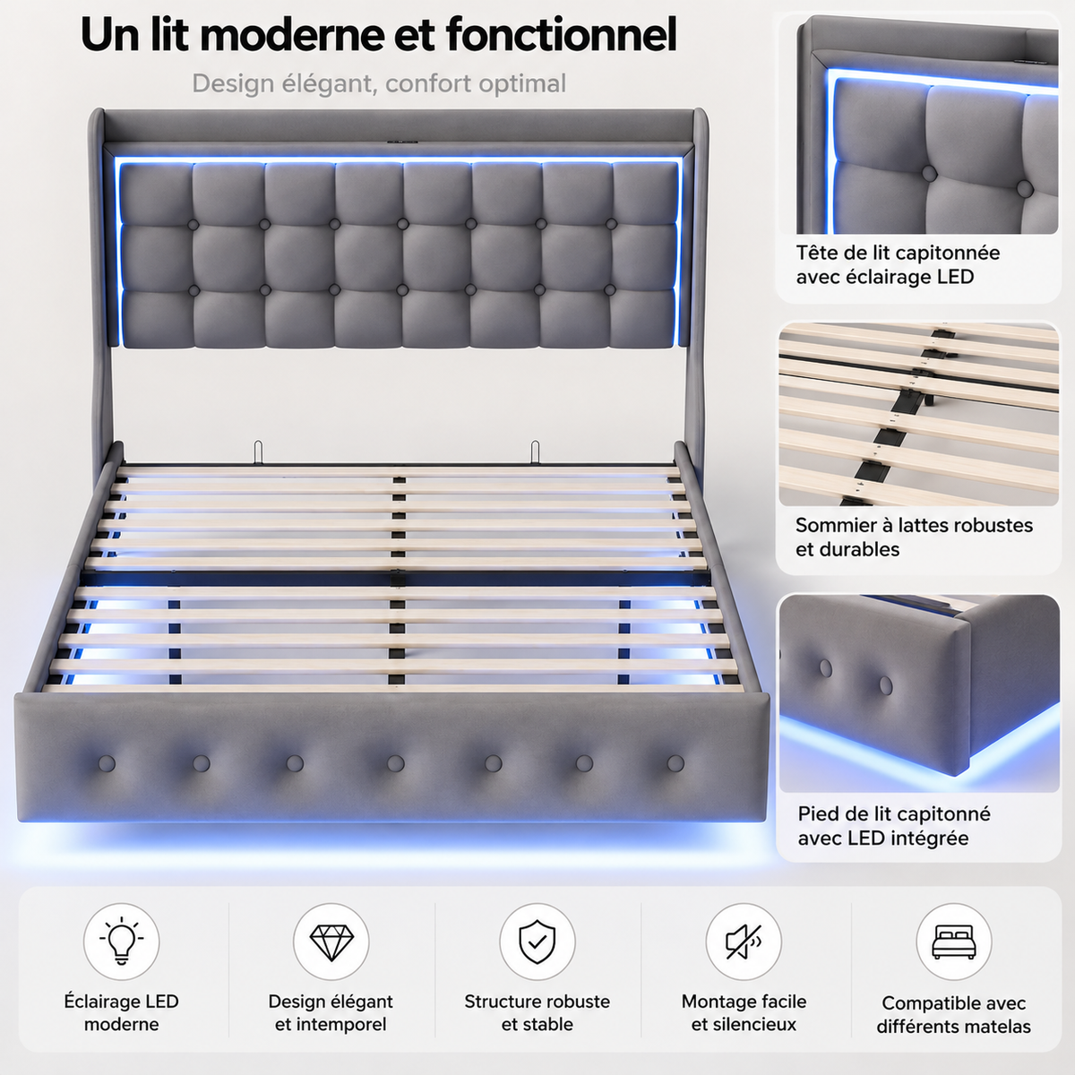 Lit Double Flottant Rembourré avec LED et Station de Recharge Intégrée