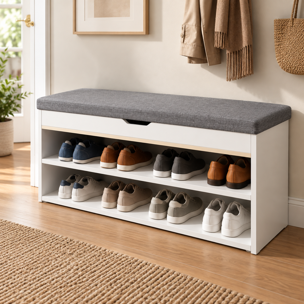 Banc à Chaussures avec Assise Rembourrée et Rangement