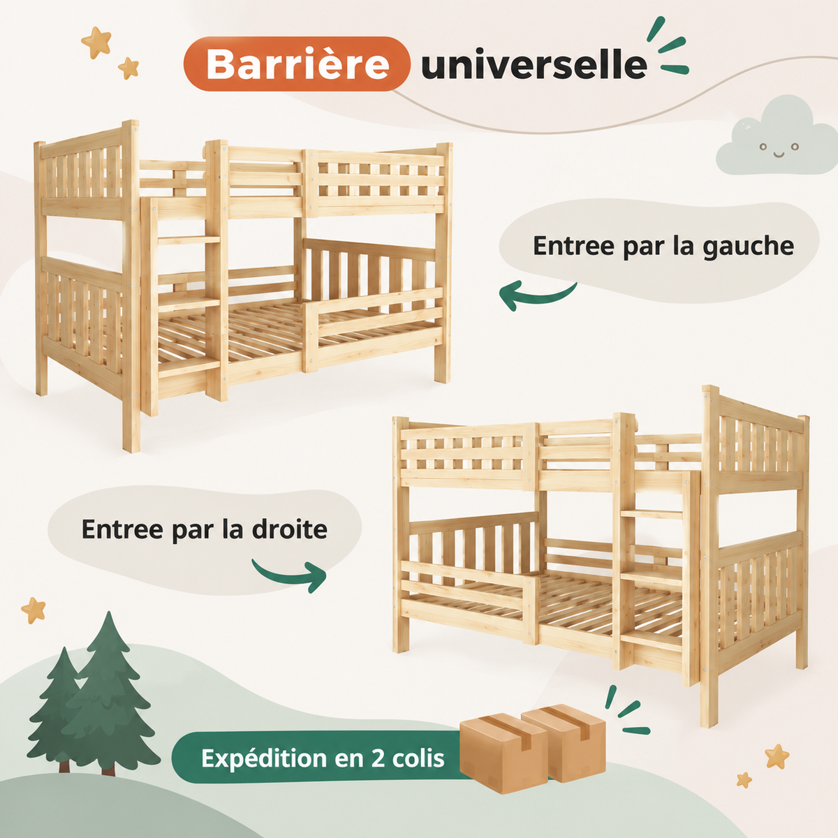 Lit Superposé Enfant en Bois 90x190 cm Convertible en 2 Lits Simples