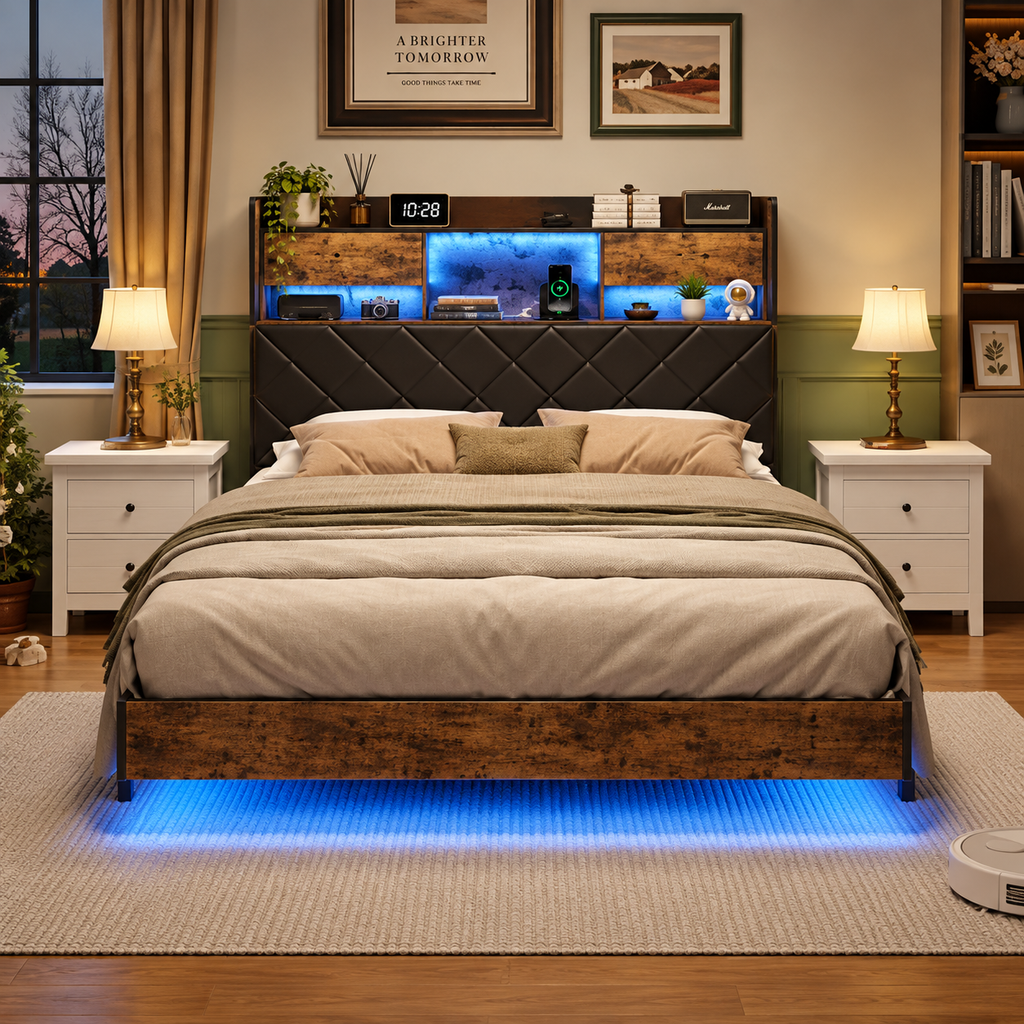 Lit Double 160x200 avec Tête de Lit Rangement et LED – Bois Brun & Noir