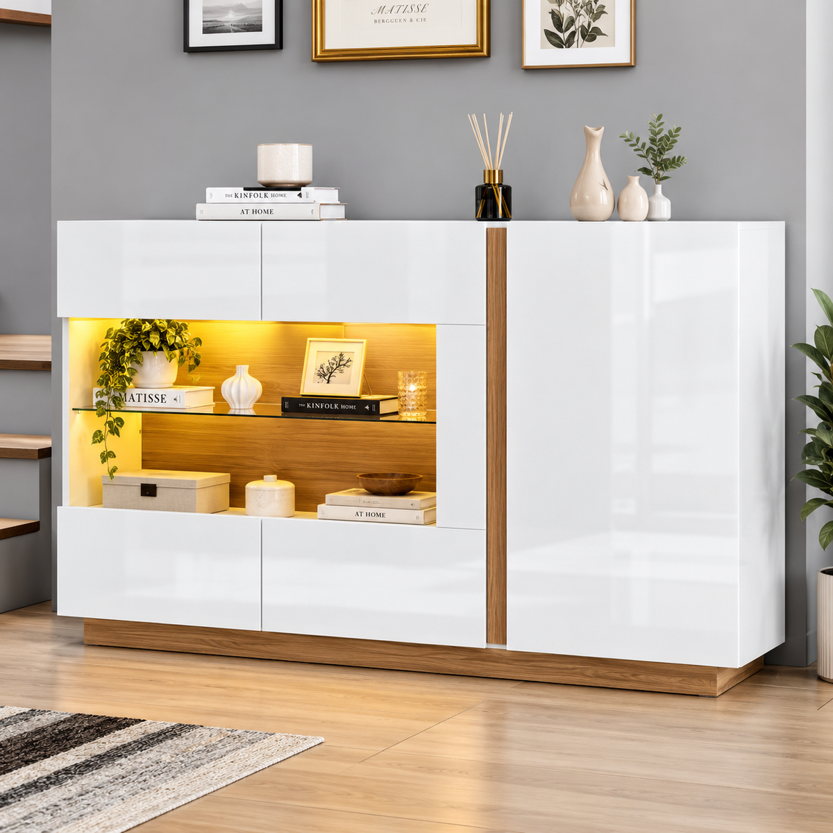 Buffet moderne blanc brillant avec LED – 138 cm