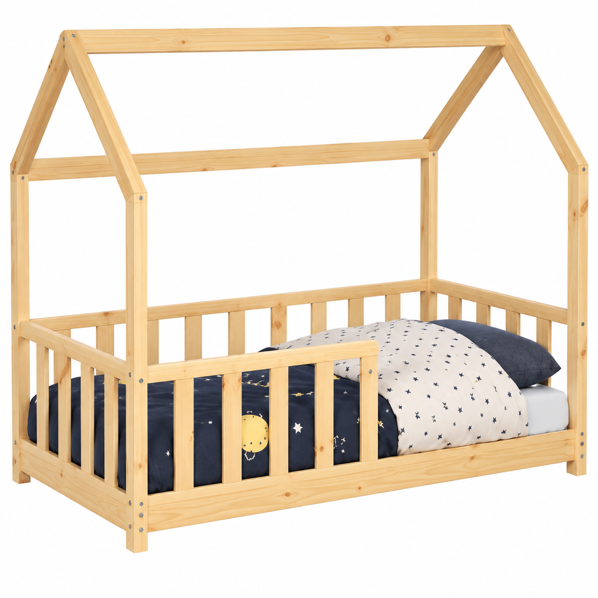 Lit Cabane Enfant en Bois avec Barrières de Sécurité 70 x 140 cm