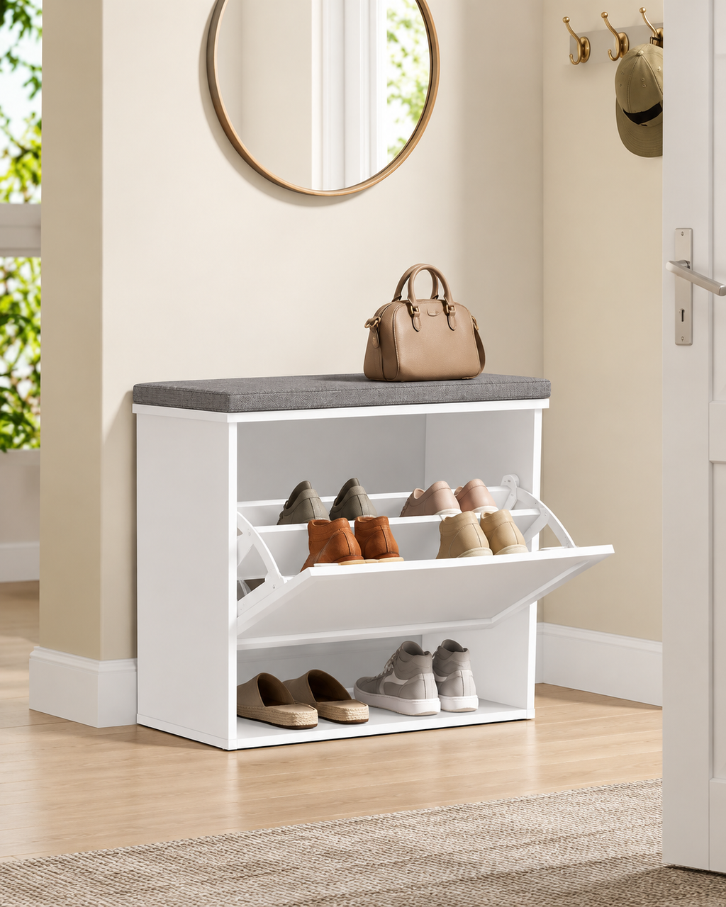 Banc à Chaussures avec Assise Rembourrée et Rangement Basculant