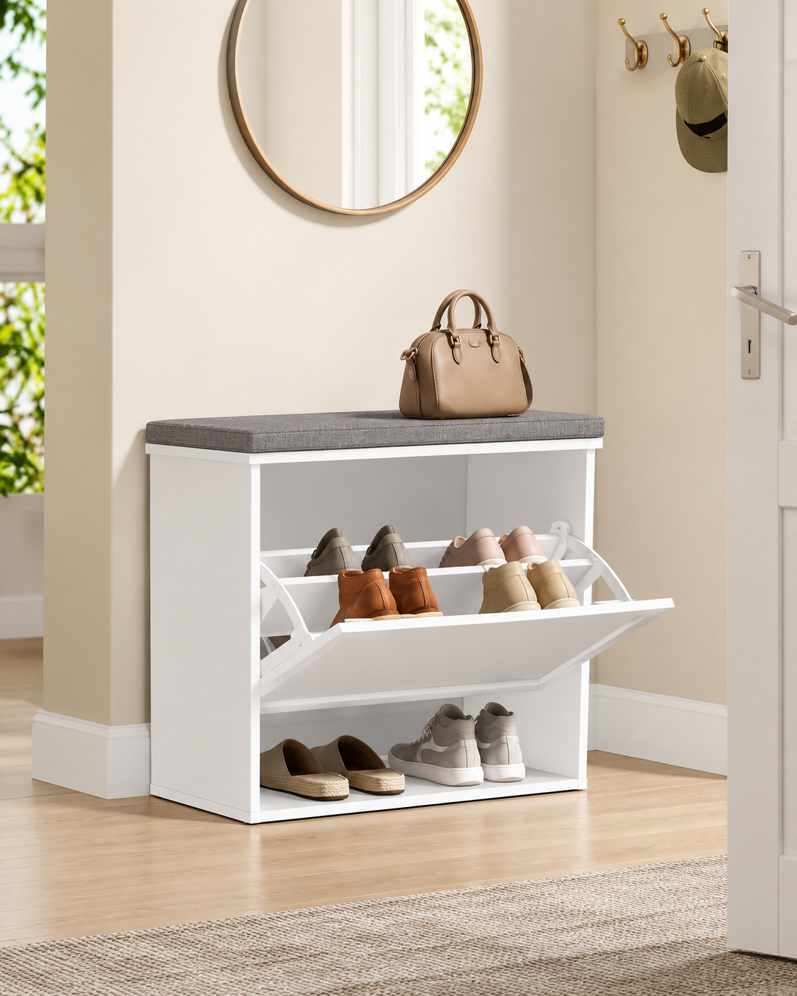 Banc à Chaussures avec Assise Rembourrée et Rangement Basculant