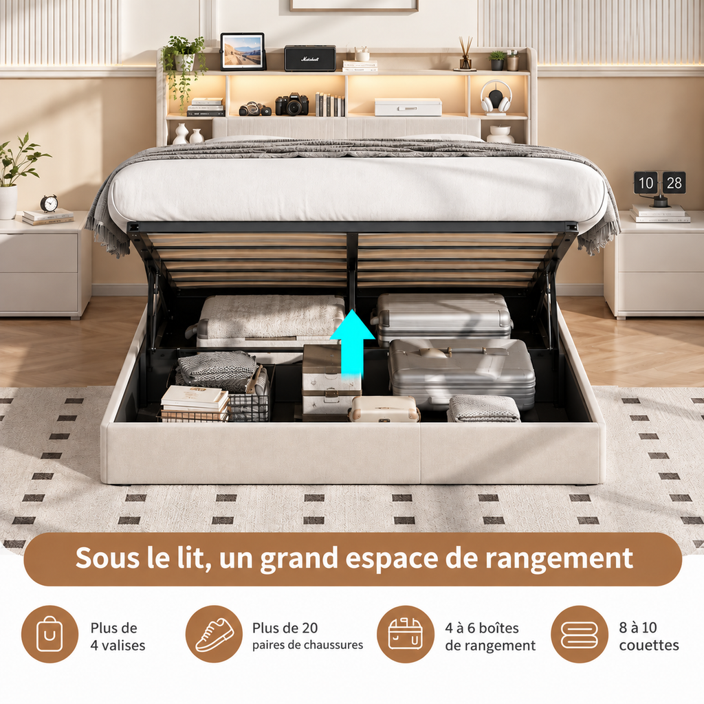Lit coffre double en Lin avec LED RGB, rangements et ports USB – Beige