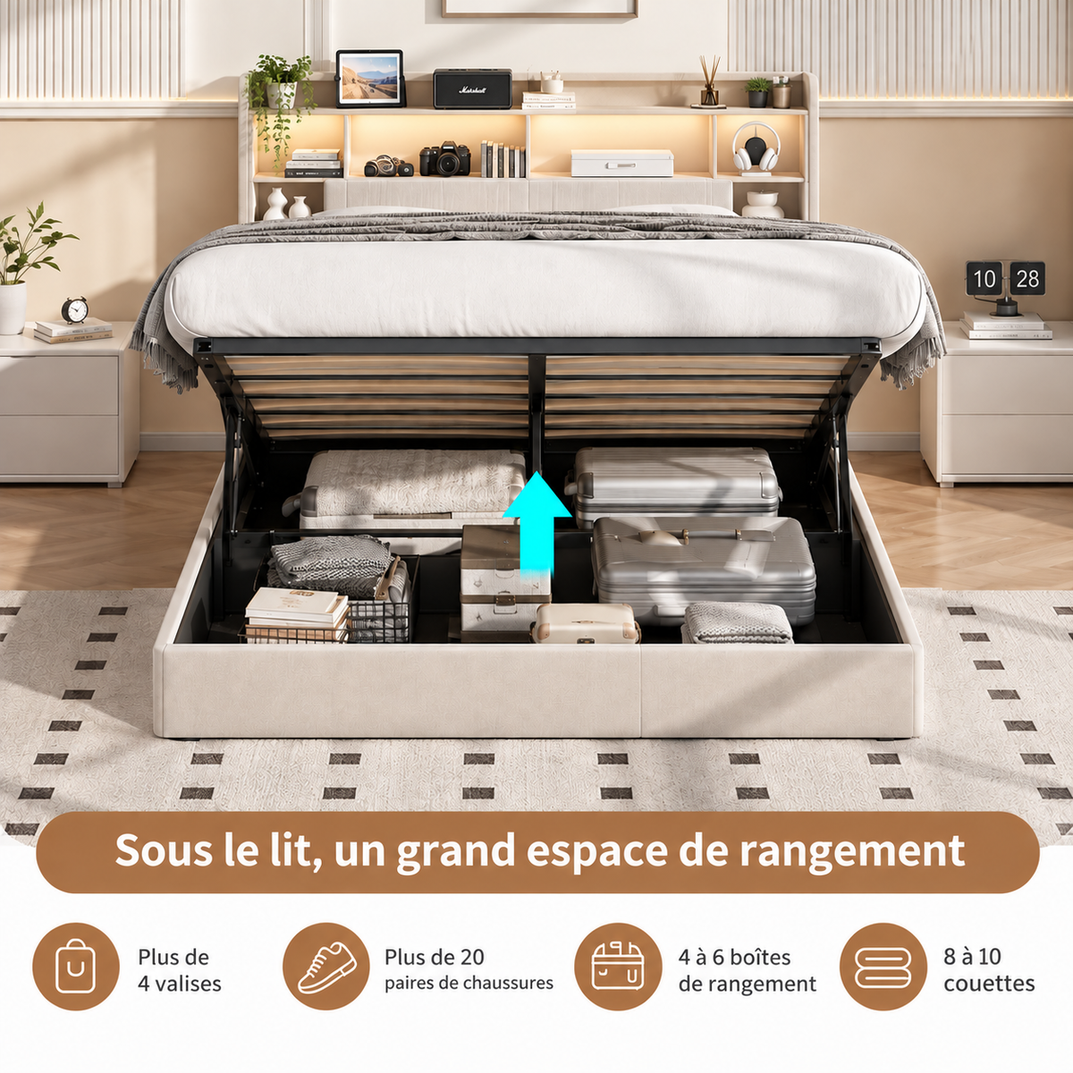Lit coffre double en Lin avec LED RGB, rangements et ports USB – Beige