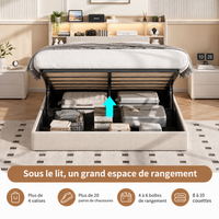 Lit coffre double en Lin avec LED RGB, rangements et ports USB – Beige