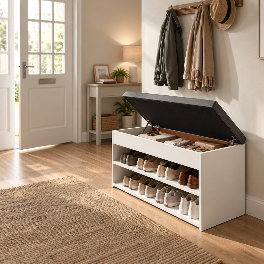 Banc à Chaussures avec Assise Rembourrée et Rangement