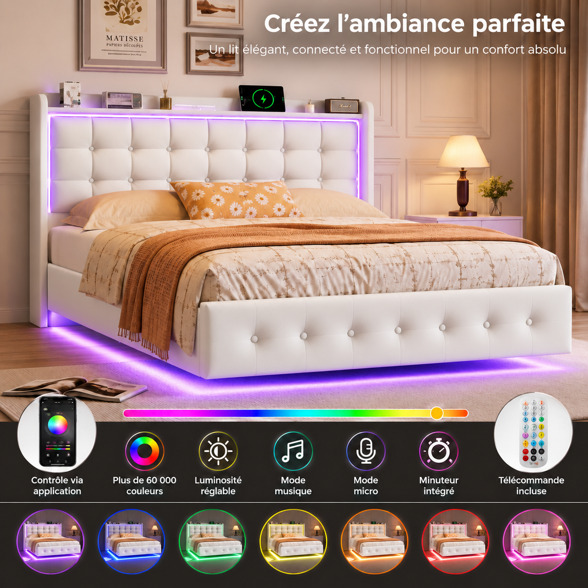 Lit Double Flottant Rembourré avec LED et Station de Recharge Intégrée