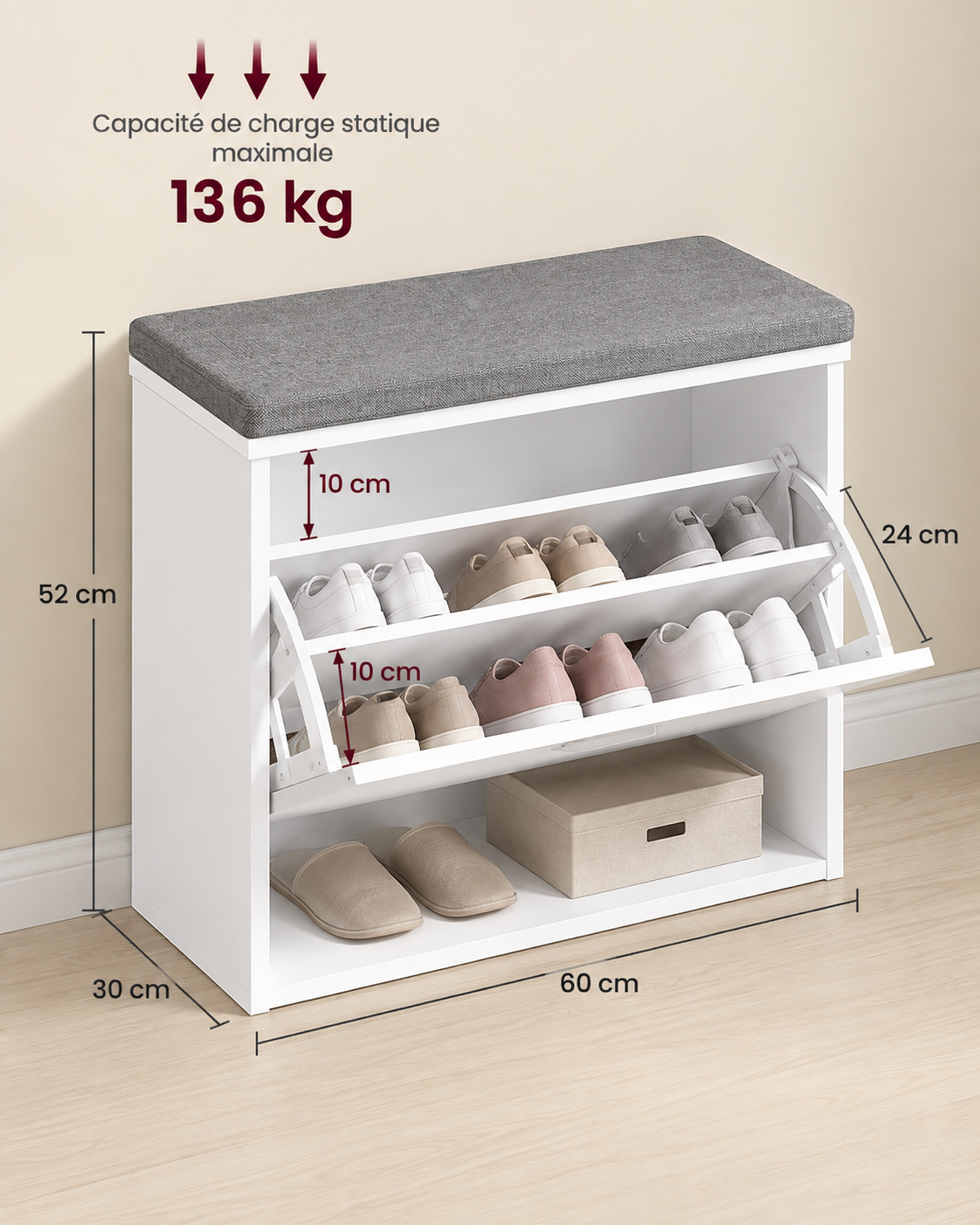 Banc à Chaussures avec Assise Rembourrée et Rangement Basculant
