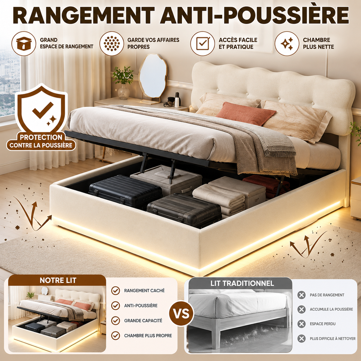 Lit coffre nuage rembourré avec rangement et éclairage LED RGB – Beige