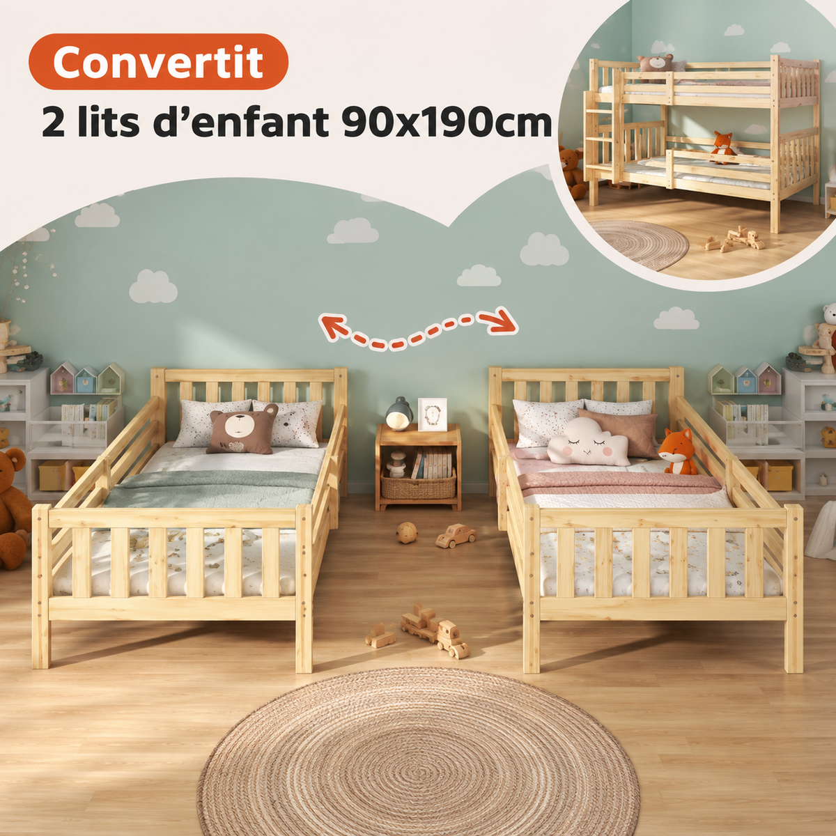 Lit Superposé Enfant en Bois 90x190 cm Convertible en 2 Lits Simples