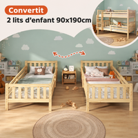Lit Superposé Enfant en Bois 90x190 cm Convertible en 2 Lits Simples