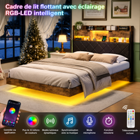 Lit Double 160x200 avec Tête de Lit Rangement et LED – Bois Brun & Noir