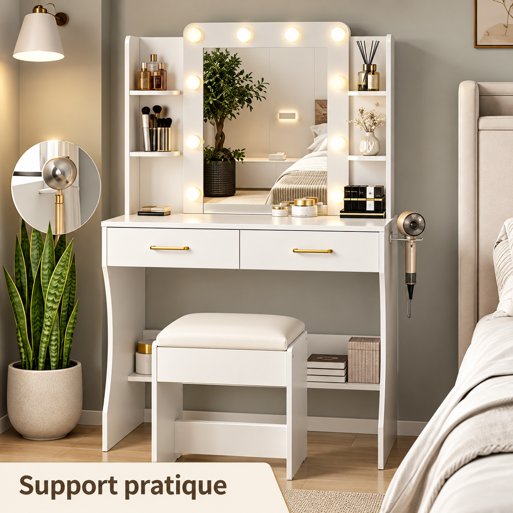 Coiffeuse avec miroir LED, rangements et support sèche-cheveux et tabouret