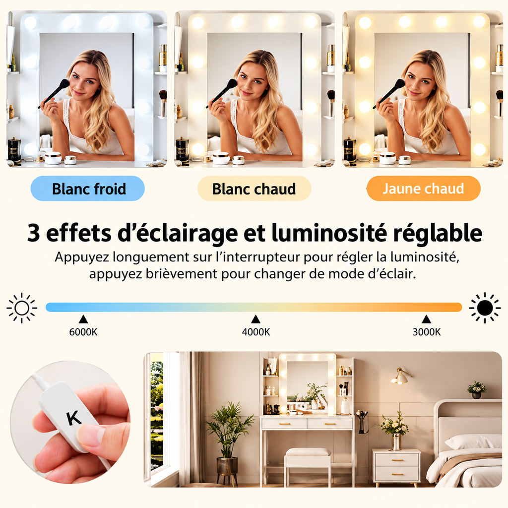 Coiffeuse avec miroir LED, rangements et support sèche-cheveux et tabouret