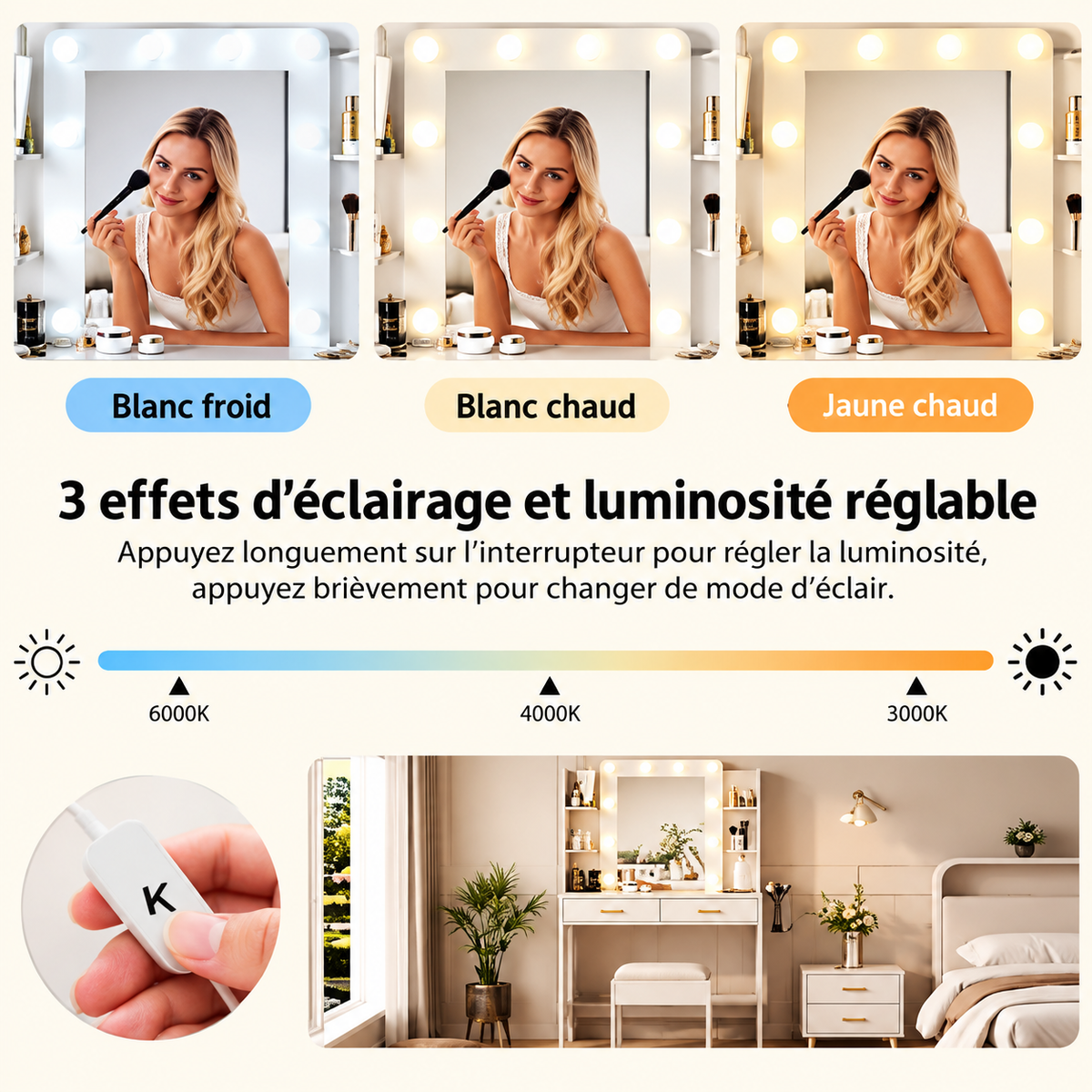 Coiffeuse avec miroir LED, rangements et support sèche-cheveux et tabouret