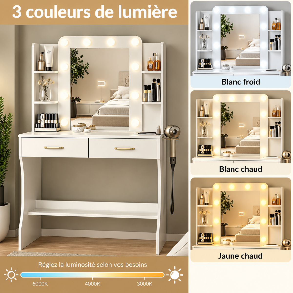 Coiffeuse avec miroir LED, rangements et support sèche-cheveux et tabouret